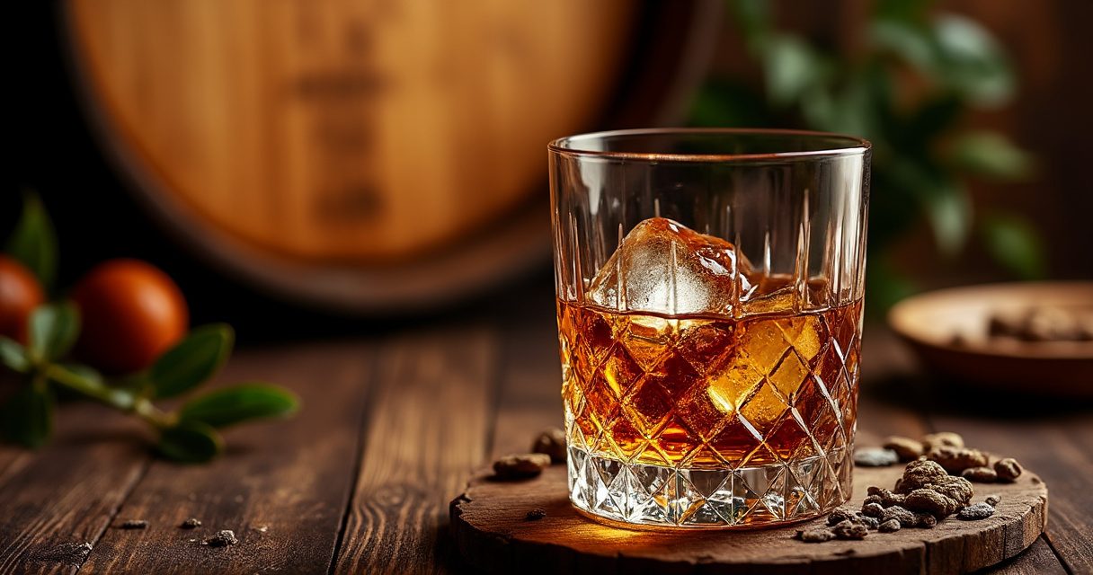 Premium Rum in einem eleganten Glas auf dunklem Holztisch